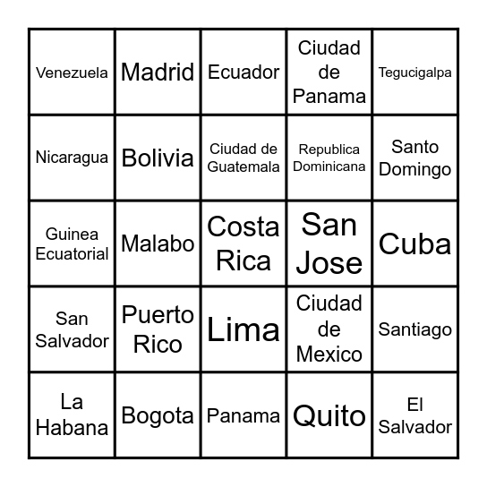 Paises De Habla Hispana Y Sus Capitales Bingo Card
