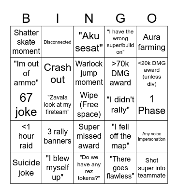 D2 raid Bingo Card