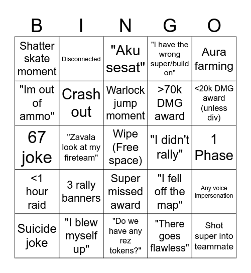 D2 raid Bingo Card