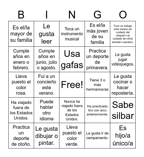 Get to know you BINGO Card