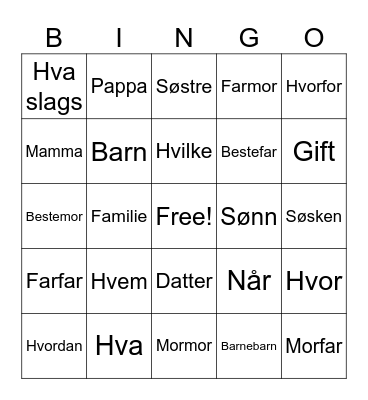 Spørreord og familie Bingo Card