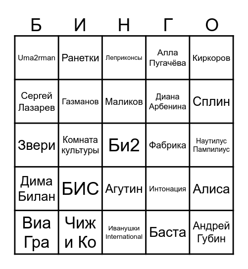 Музыкальное Бинго Bingo Card