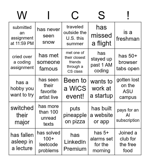 Women in Computer Science Bingo Card