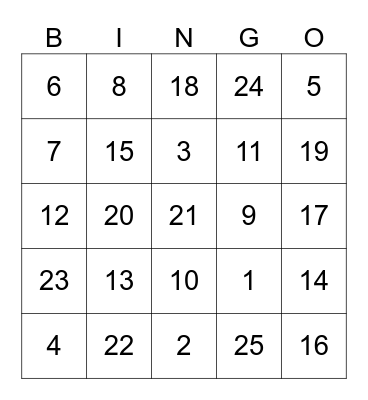 Number 1-25 Bingo Card