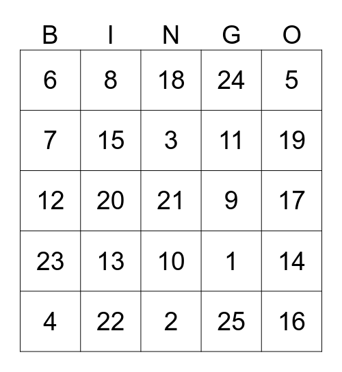 Number 1-25 Bingo Card
