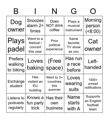 Business and Politics in Europe - Introduction Bingo Card