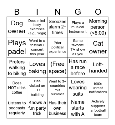 Business and Politics in Europe - Introduction Bingo Card