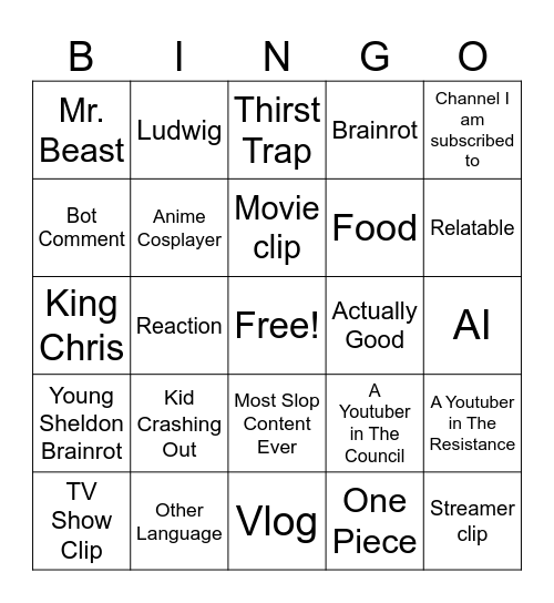 Scrolling yt on a new account Bingo Card