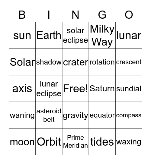 Sun, Earth and Moon Bingo Card