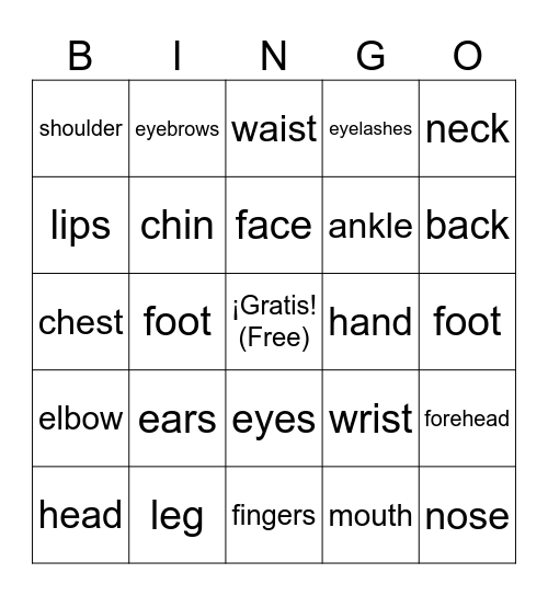 LOTERÍA - Partes del cuerpo y la cara Bingo Card