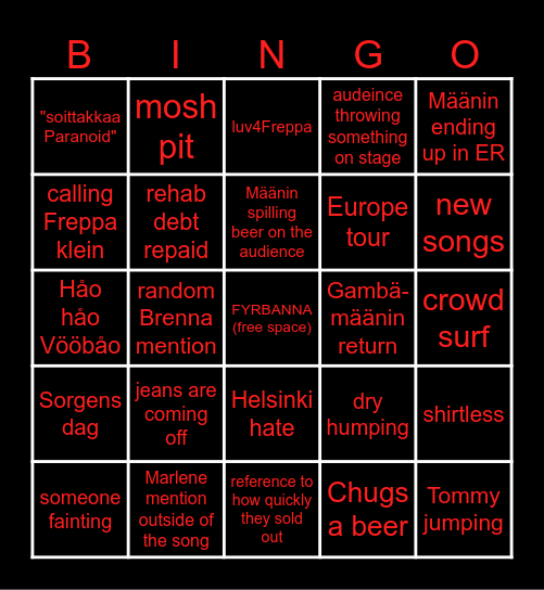 Vörjeans at Tavastia Bingo Card