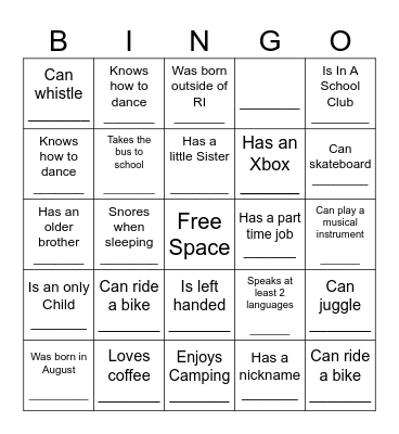YOUTH HUMAN BINGO Card