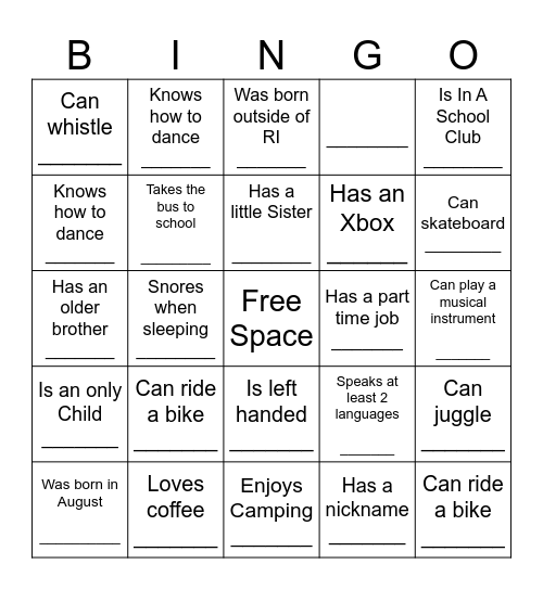 YOUTH HUMAN BINGO Card