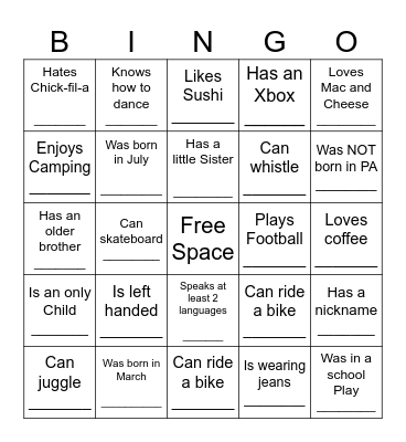 YOUTH HUMAN BINGO Card