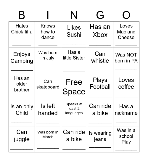 YOUTH HUMAN BINGO Card