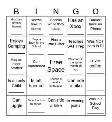 YOUTH HUMAN BINGO Card