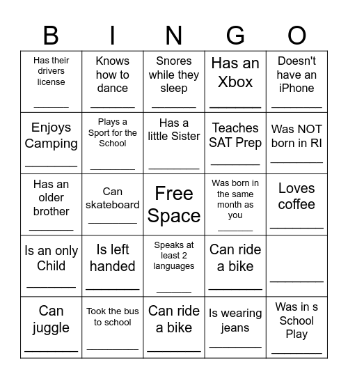 YOUTH HUMAN BINGO Card