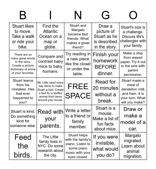 As your family completes each activity, mark it off on the sheet.  When you have 5 in a row (across, up and down, or diagonal), put your name(s) on the sheet and turn into the Steenrod Bingo Box by March 21, 2017. Bingo Card
