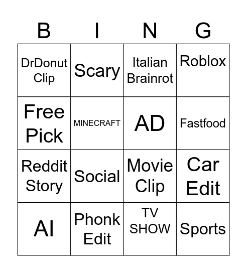 Youtubeshorts Bingo Card