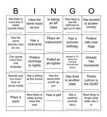 Back to School Bingo Card