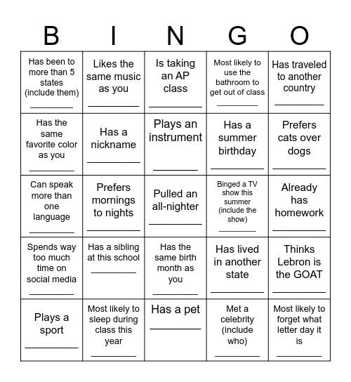 Back to School Bingo Card