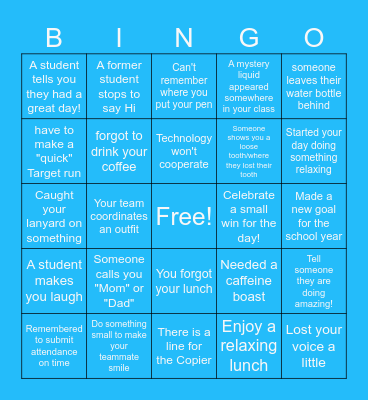 First Week of School BINGO Card
