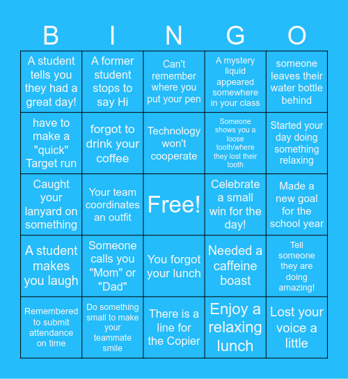 First Week of School BINGO Card