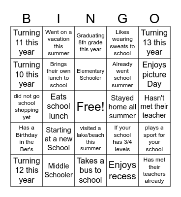 Back to School BINGO Card