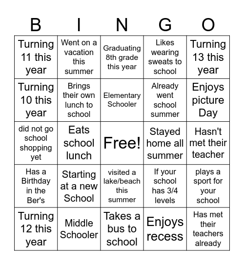 Back to School BINGO Card