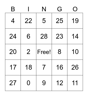 Los números 0-20 Bingo Card