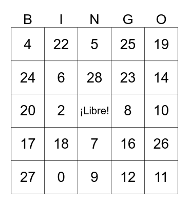 Los números 0-29 Bingo Card