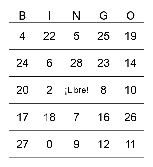 Los números 0-29 Bingo Card