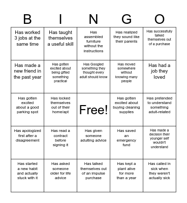 PYA - I DO: Adulting Bingo Card