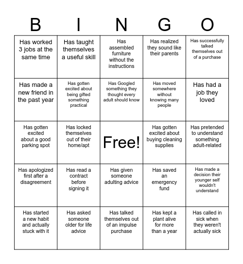 PYA - I DO: Adulting Bingo Card