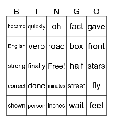 FRY Words List 1- Fifth Hundred Bingo Card