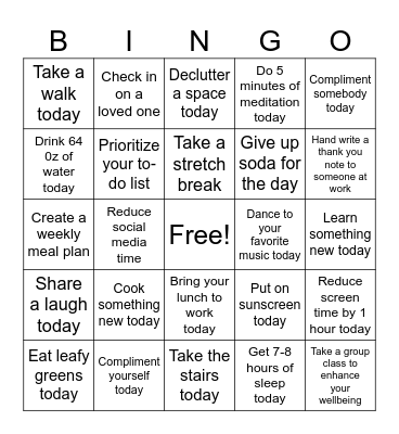 Wellness Activities Bingo Card