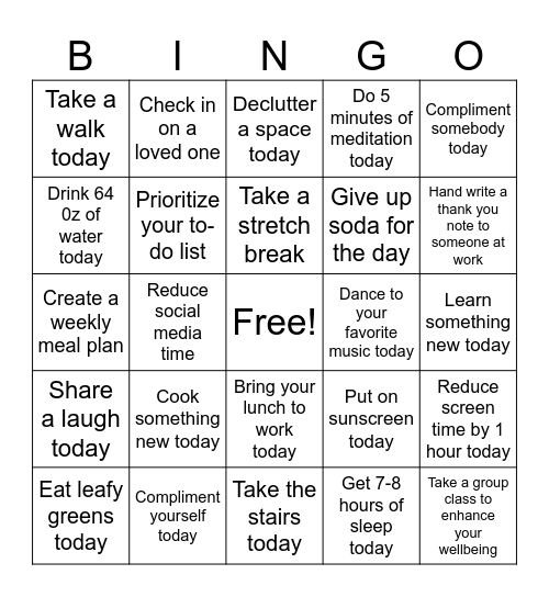 Wellness Activities Bingo Card