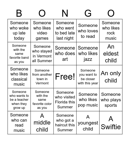Welcome back BONGO! Bingo Card