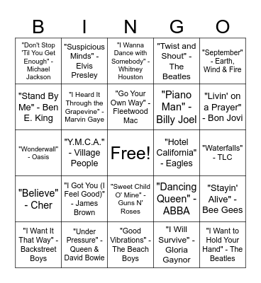 Name that Tune Bingo Card