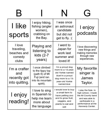 CSA Cohort Connection Bingo Card