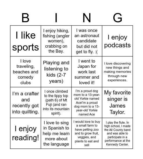 CSA Cohort Connection Bingo Card