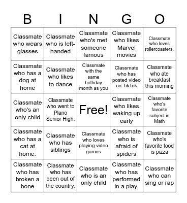 Classmate Bingo Card