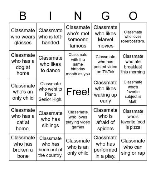 Classmate Bingo Card
