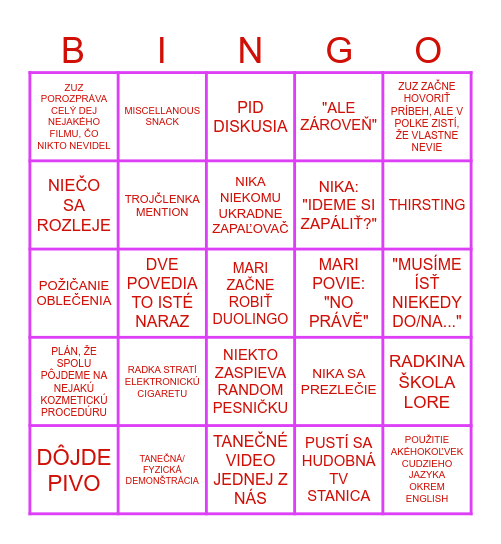 Girls' Night In Bingo Card