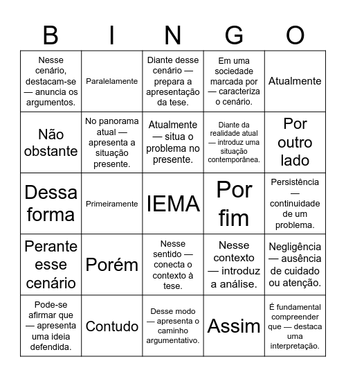 Redação: bingo de palavras Bingo Card