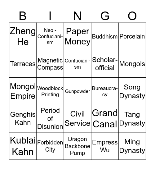 Ch. 14 China  Bingo Card