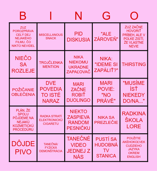 Girls' Night In Bingo Card
