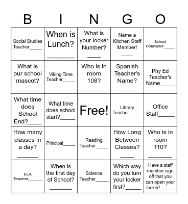 6th Grade Bingo Card