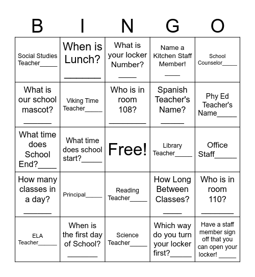 6th Grade Bingo Card