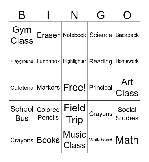 Back to School Bingo Card